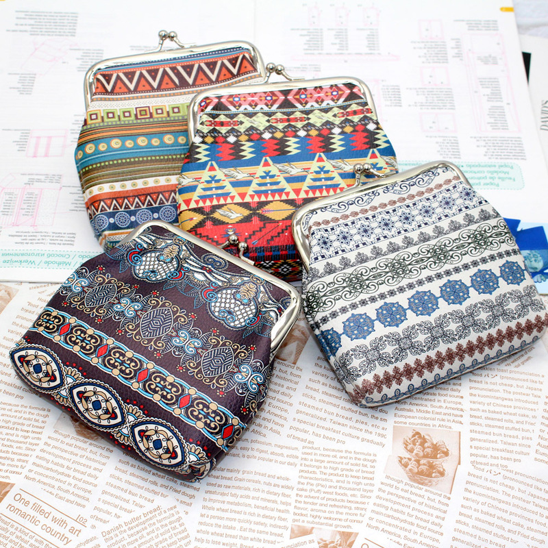 4-inch clip bag PU bohemian Retro ethnic style women's short wallet