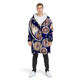 冬季时尚波西米亚男数码印花长款连帽夹克袖子外套 可