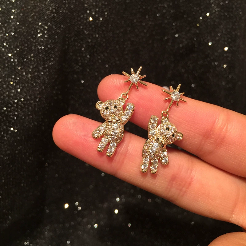 Golden cute earrings with zircon, silver 925 sample, with little bears, micro incrustation, simple and elegant design, internet celebrity