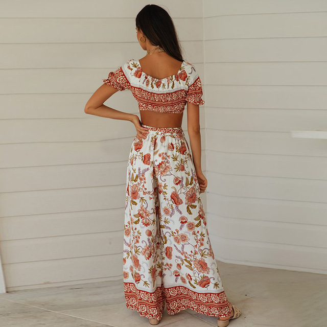 Bohemian short top loose pants casual two piece set