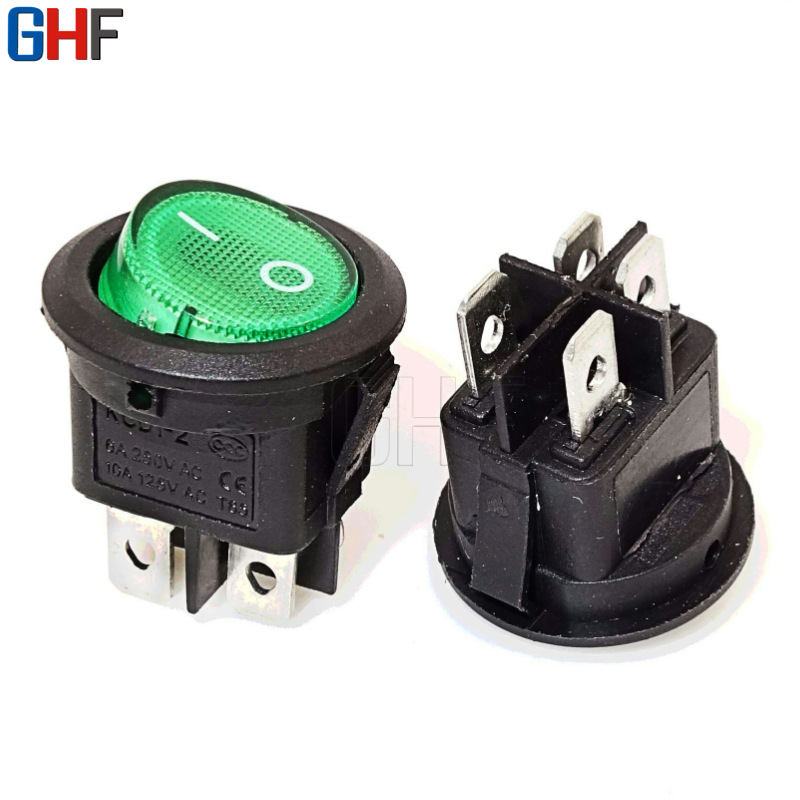 直销圆形四脚带灯船型开关 绿色灯 两档4脚 上园下方  跷板开关