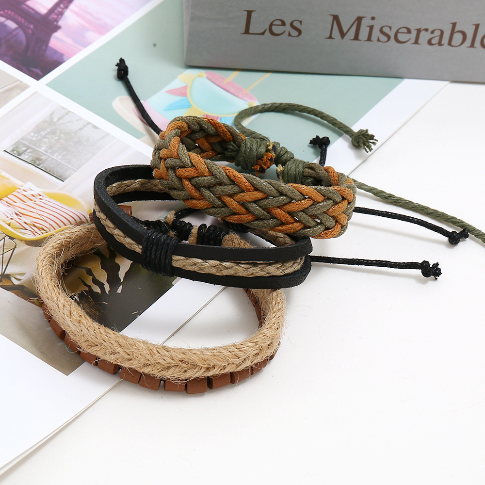 Vintage woven leather bracelet diy three-piece hemp rope bracelet bracelet