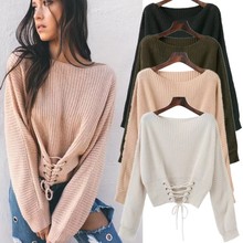 速卖通2025秋冬新款欧洲站纯色圆领绑绳收腰套头毛衣针织衫