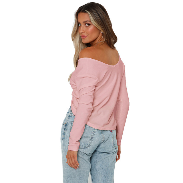 Off shoulder V-neck and navel short long sleeve sexy T-shirt