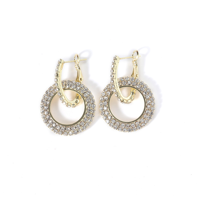 1 Paire Style Simple Double Anneau Placage Incruster Métal Strass Boucles D'oreilles display picture 3