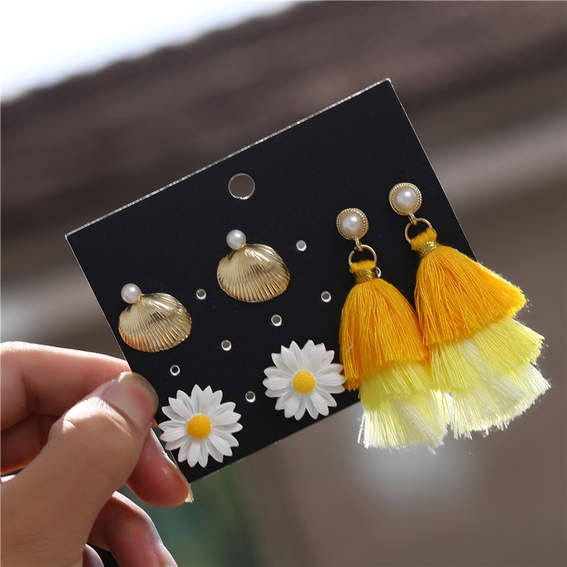Wholesale Fashion Jewelry New Flower Yellow Tassel 3 Pair Earrings Set display picture 8