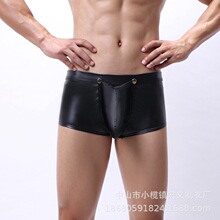 男士性感漆皮平角内裤四角仿皮低腰 欧美情趣内衣U凸设计一件代发