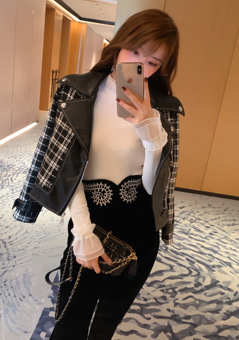 Quần nhung nữ cạp cao họa tiết thêu ống skinny — Màu đen chi tiết 2