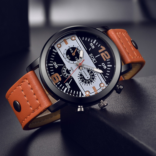SOKI Factory-Delivered Casual Men's Watch Business Quartz Watch with PU Strap, Simple Student Sports Watch