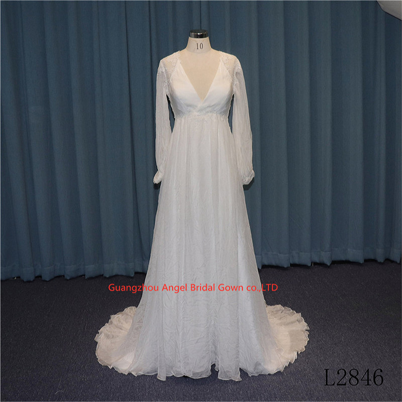 ANGELAG Bohemian Long-Sleeve Lightweight Chiffon Seaside Outdoor Photography Wedding Dress