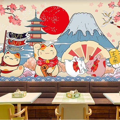 日式和风招财猫墙纸日系店铺装修日本卡通手绘寿司料理餐厅壁纸 阿里巴巴