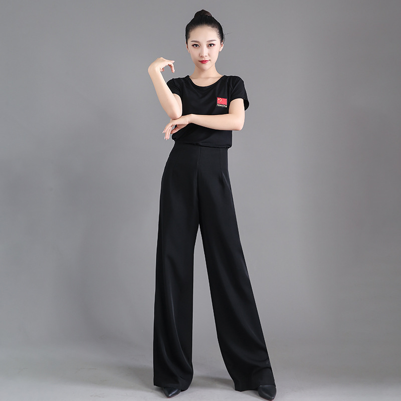 New Latin Women's Modern High-Waisted Wide-Leg Dance Pants Without Pockets