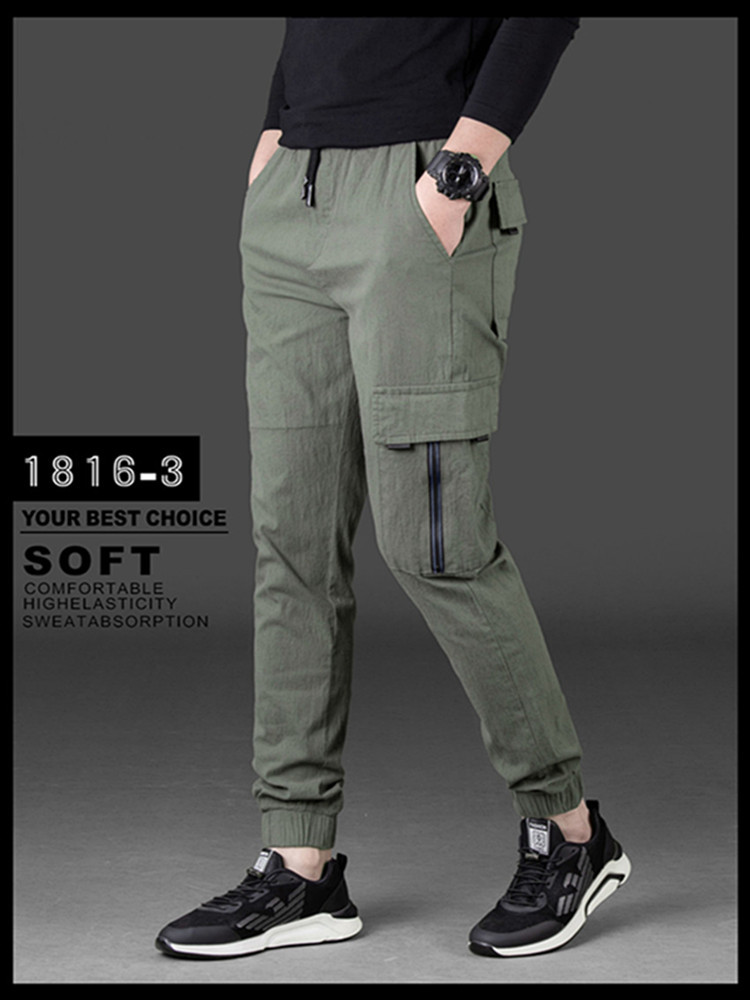 2019春装新款纯色工装裤男韩版青年修身束脚多口袋休闲裤男式裤子|ms