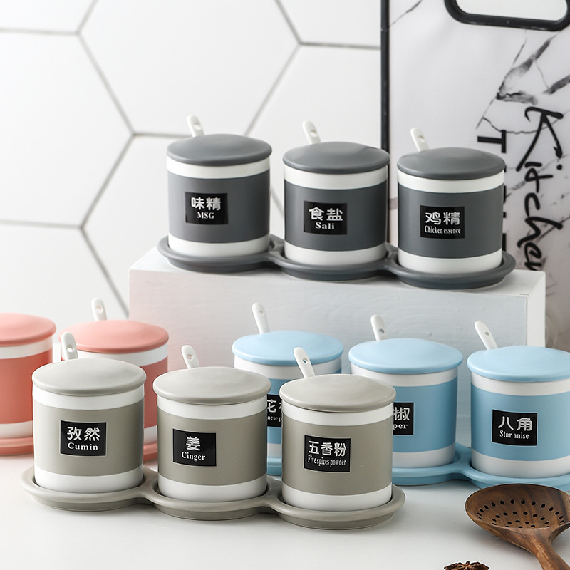 Tarro de condimento moderno simple creativo hogar de cerámica de color a juego combinación de botella de condimento de tres piezas de color caramelo suministros de cocina