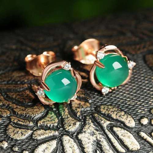 Korean style diamond zircon chrysoprase earrings for women retro green agate flower shaped earrings simple fashionable sweet ear jewelry