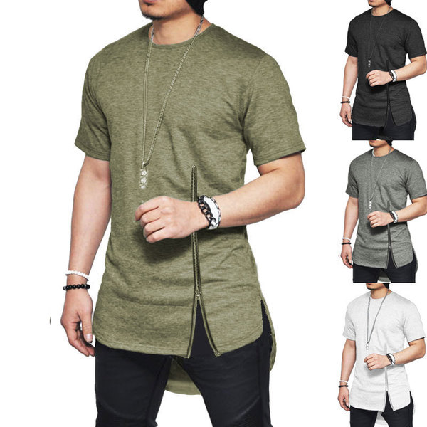 Men’s chest zipper hip hop short sleeve side slit arc hem T-shirt