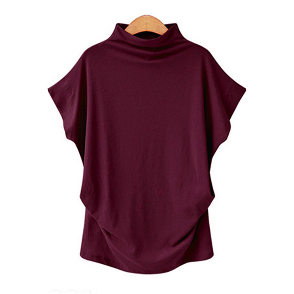 Cross-border 2021 European And American Plus Size Women's Half Turtleneck Dolman Sleeve Top Solid Color Polyester Cotton Loose Short-sleeved T-shirt Women