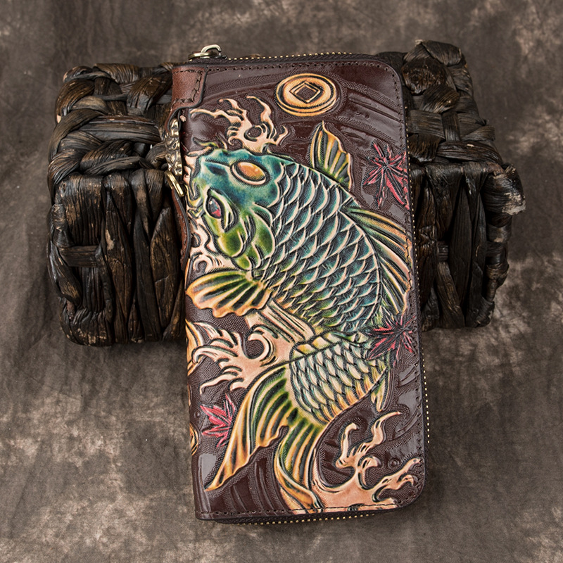 Pristna ročno izdelana dolga moška in ženska usnjena izrezljana ročna izdelava, zgornja plast goveje usnjene denarnice z zadrgo, denarnica_voghion.com