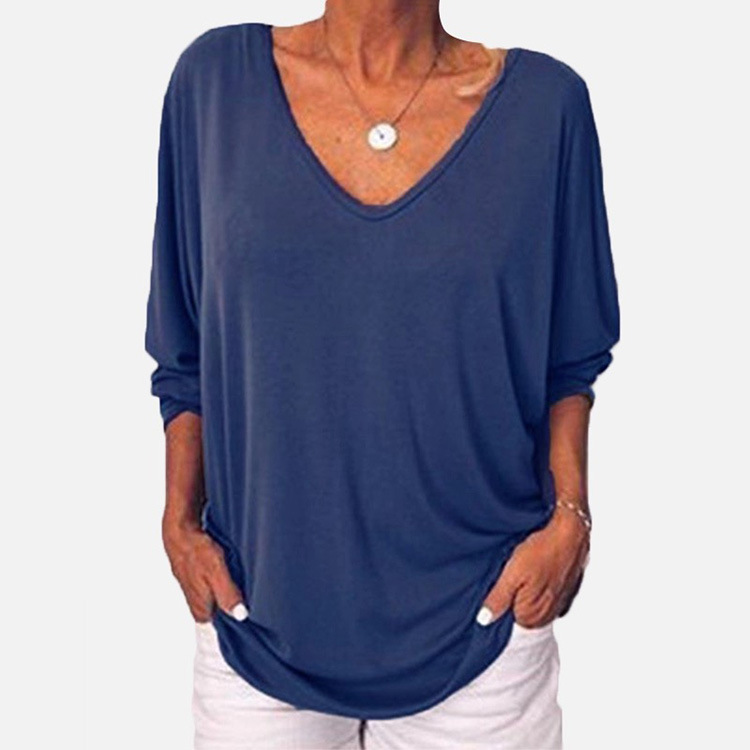 Fashion Solid Color Polyester V Neck 3/4 Length Sleeve Batwing Sleeve Button T-shirt display picture 21