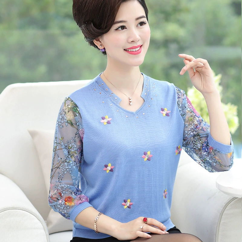 Весенний Топ для мам 40-50 Женская весенне-осенняя одежда для среднего возраста Базовая рубашка со средним рукавом Женская футболка с длинным рукавом для среднего и пожилого возраста
