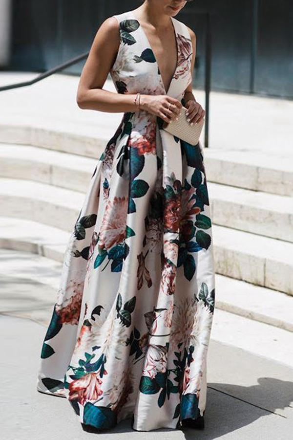 Polyester Fabric Type High Waist Waist Line Wholesale Women's Vacation Printing Printing Holiday Daily Beach V Neck Sleeveless Princess Dress