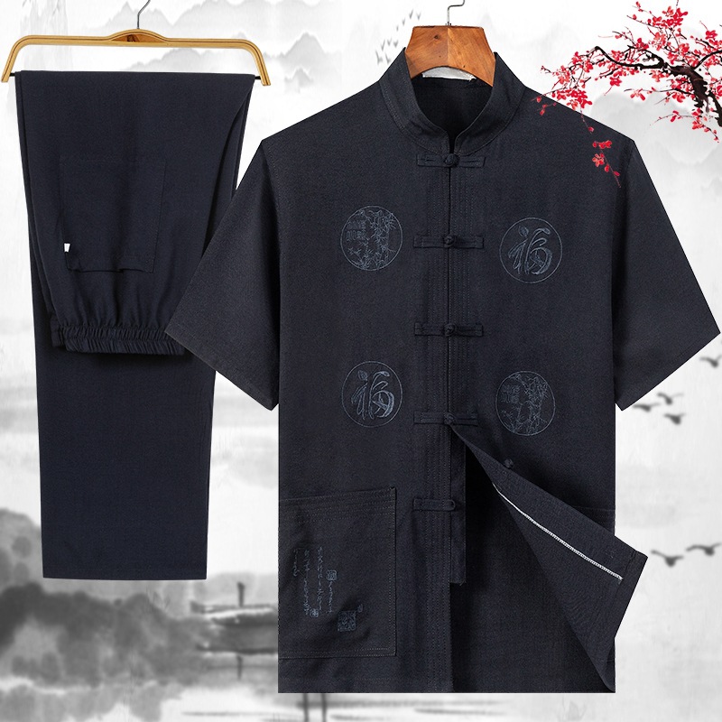 中老年唐装男棉麻裤子中国风套装男老年人爷爷装大码汉服爸爸夏装|ru