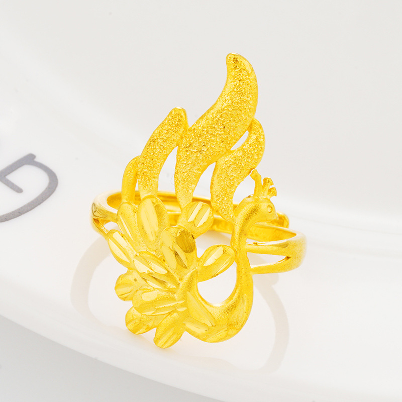 Vietnam arena oro 24K moneda europea anillo abierto grande Peacock Phoenix anillo de las mujeres durante mucho tiempo no se desvanece arena joyería de oro