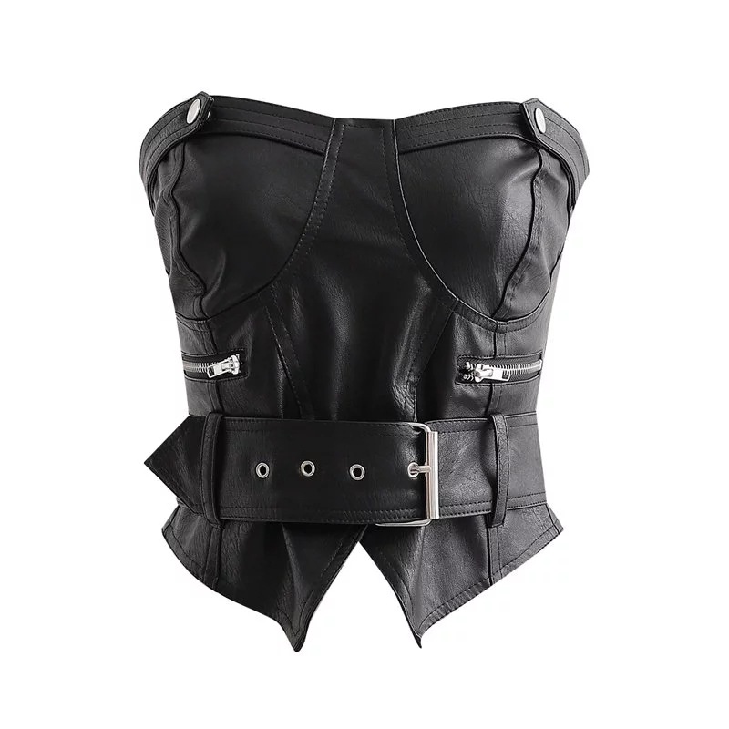 Sexy Strapless With Belt Waist Pu Leather Wrap Chest Tube Top NSZQW115390