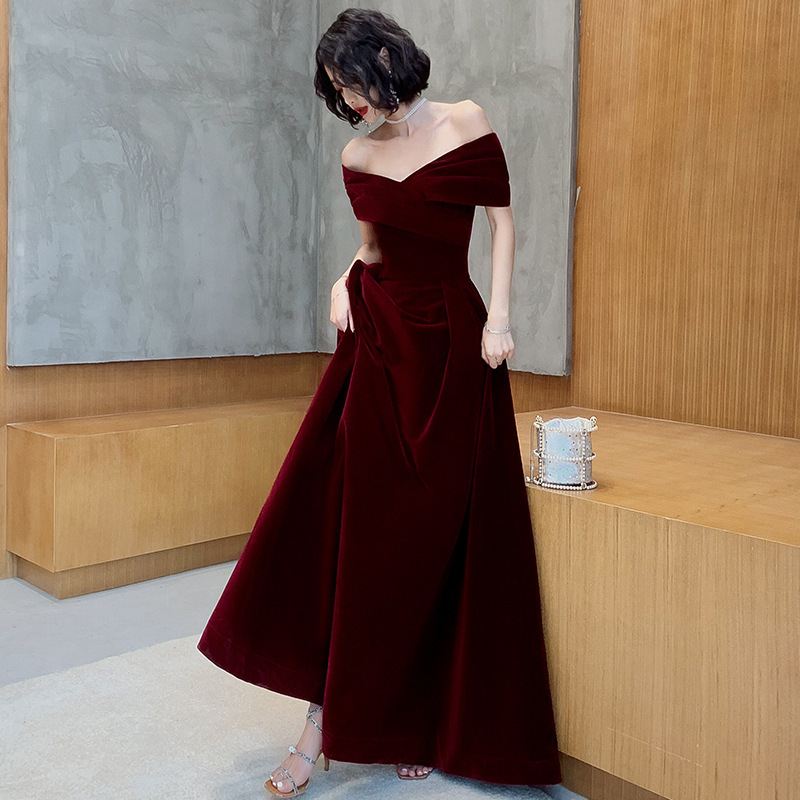 Evening Dresses cocktail party banquet dress vestido de banquete de cóctel Maid party wine red velvet long one shoulder evening dress