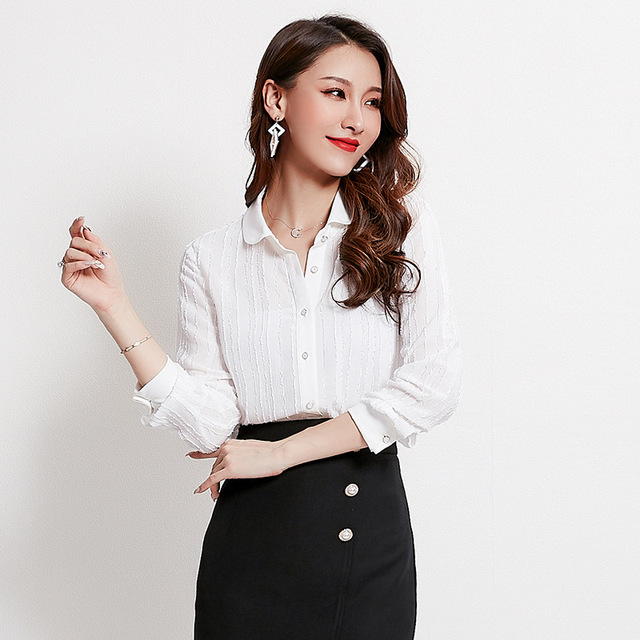 Autumn new semi-permeable blouse Lapel long sleeve shirt 