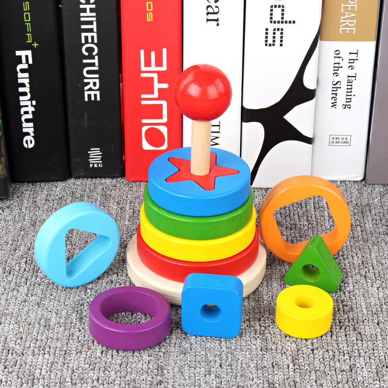 木质彩虹套塔叠叠乐颜色形状配对套圈叠套柱层层叠儿童创意力玩具|ru
