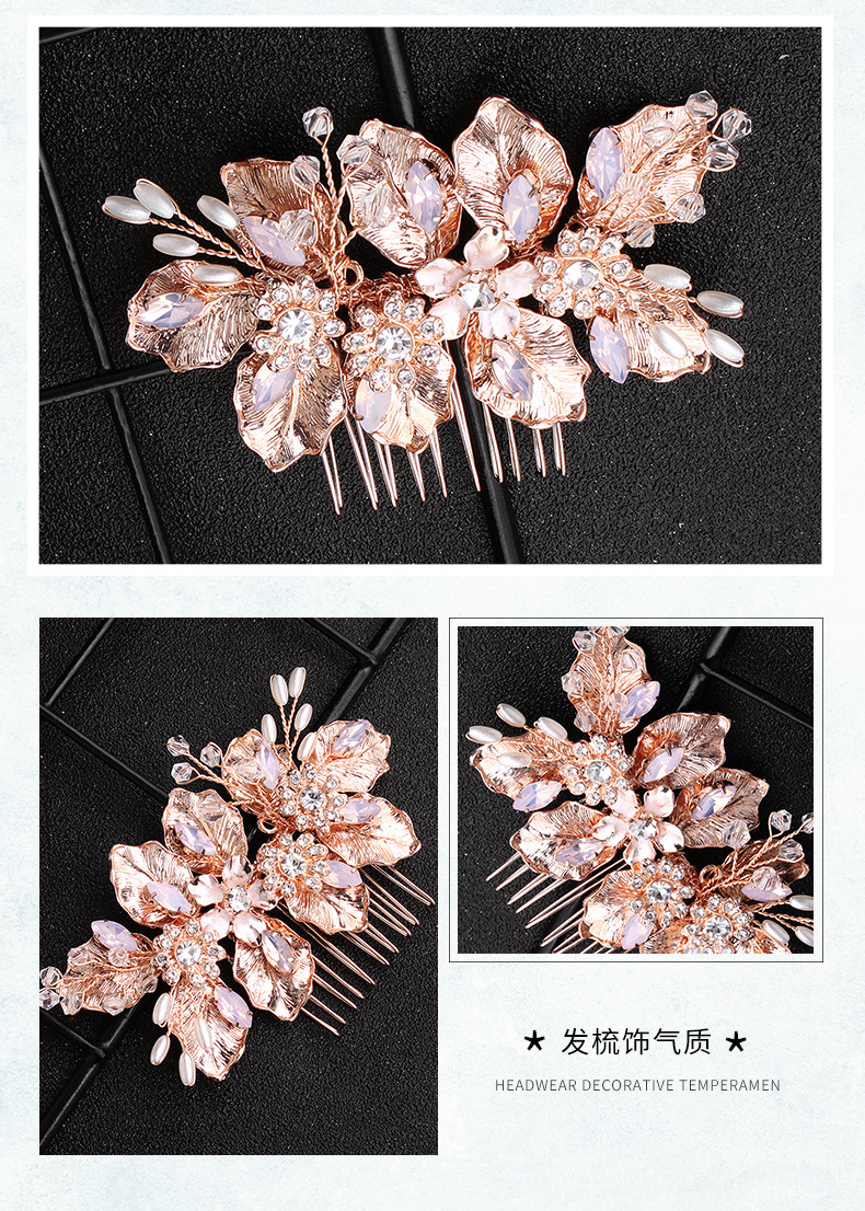 Fashion Alloy Flower Rose Gold Handmade Diamond Hair Comb display picture 6