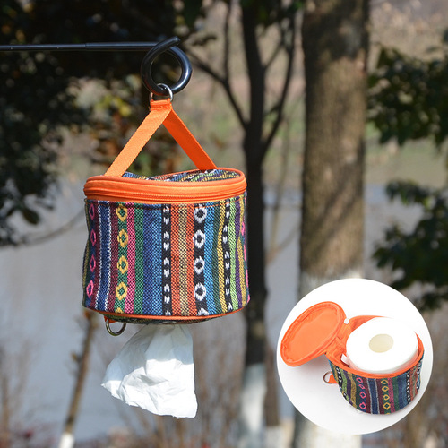 Outdoor portable paper towel drawer car household paper roll box camping picnic roll paper towel bag ethnic style color