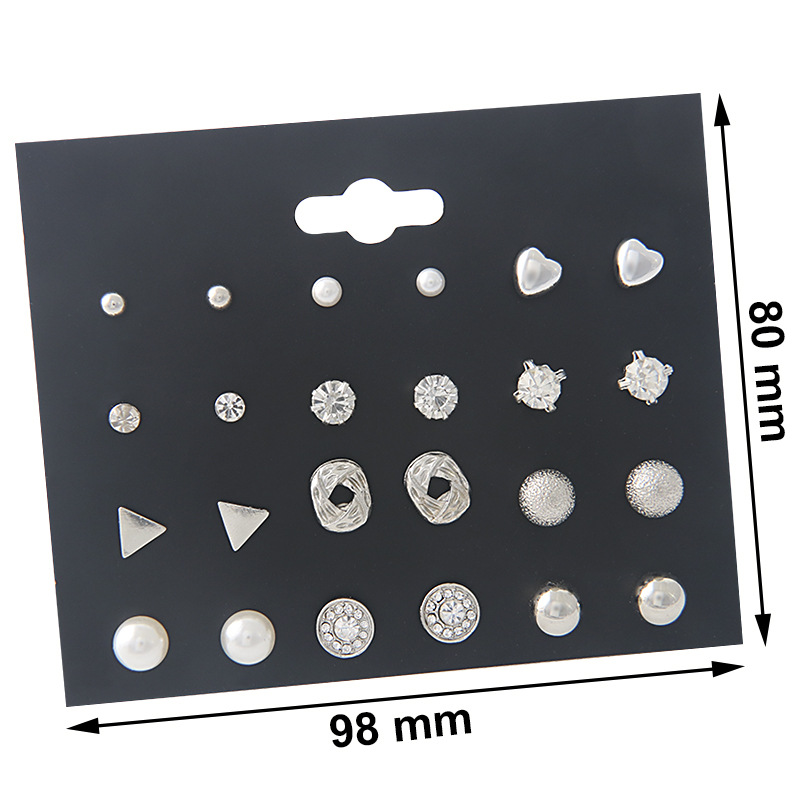 Simple Pearl Earrings Six-claw Zircon Inlaid Diamond Pearl Geometric Earrings 20 Pairs Set display picture 3