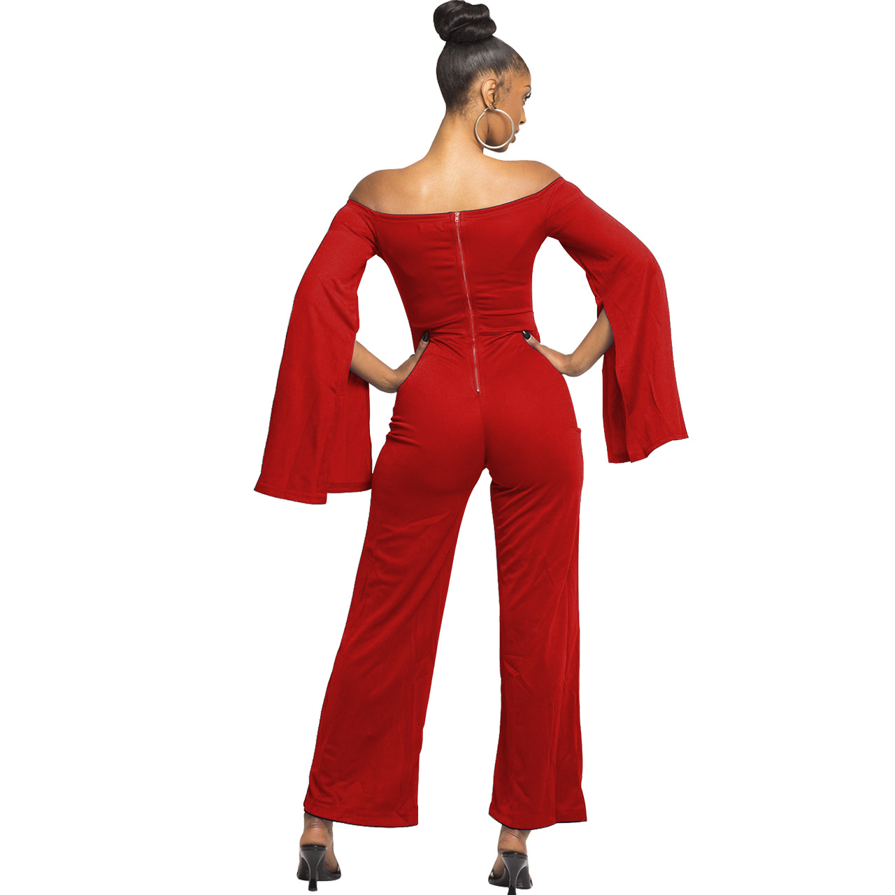Boutique Casual Solid Color Long Sleeves Cropped off Shoulder Jumpsuit