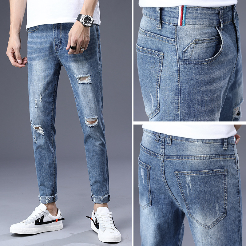 men's wear Spring new pattern Jeans Self cultivation Feet hole man Ninth pants leisure time Teenagers Trend Men's trousers