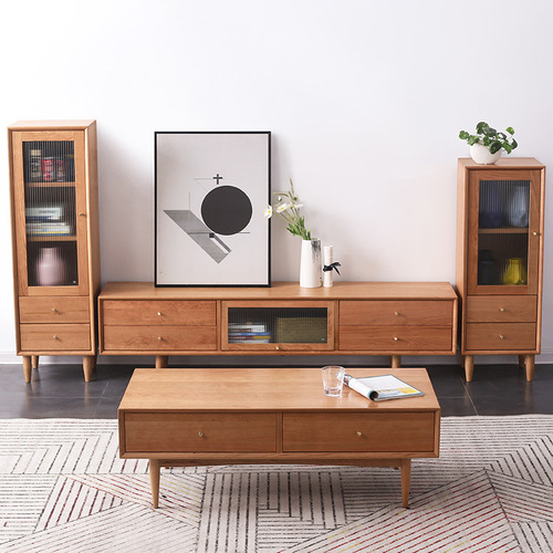 Cloudy Cherry Wood Side Cabinet, Nordic TV Stand Side Cabinet Combination, Modern Minimalist Living Room Wooden Storage Cabinet