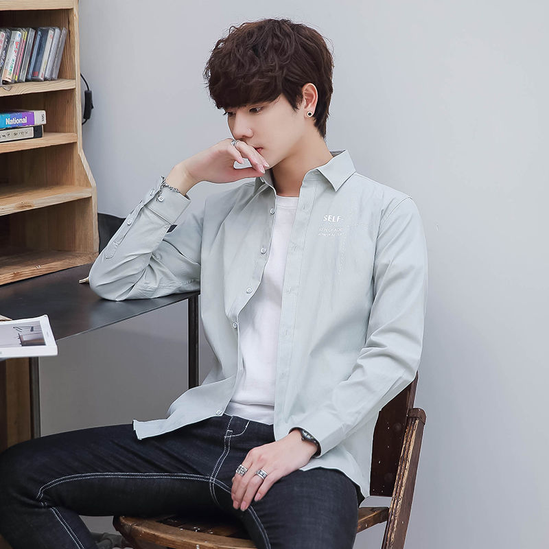 2019 Spring new pattern Men's pure cotton Long sleeve shirt Korean Edition Inch clothes Youth Self cultivation leisure time shirt shirt men's wear