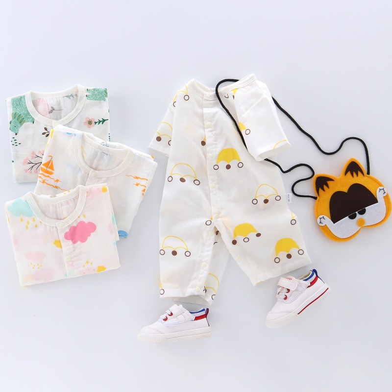 19夏季新款生婴幼儿男女宝宝双层纱布按扣闭档短袖薄爬服连体哈衣|ru
