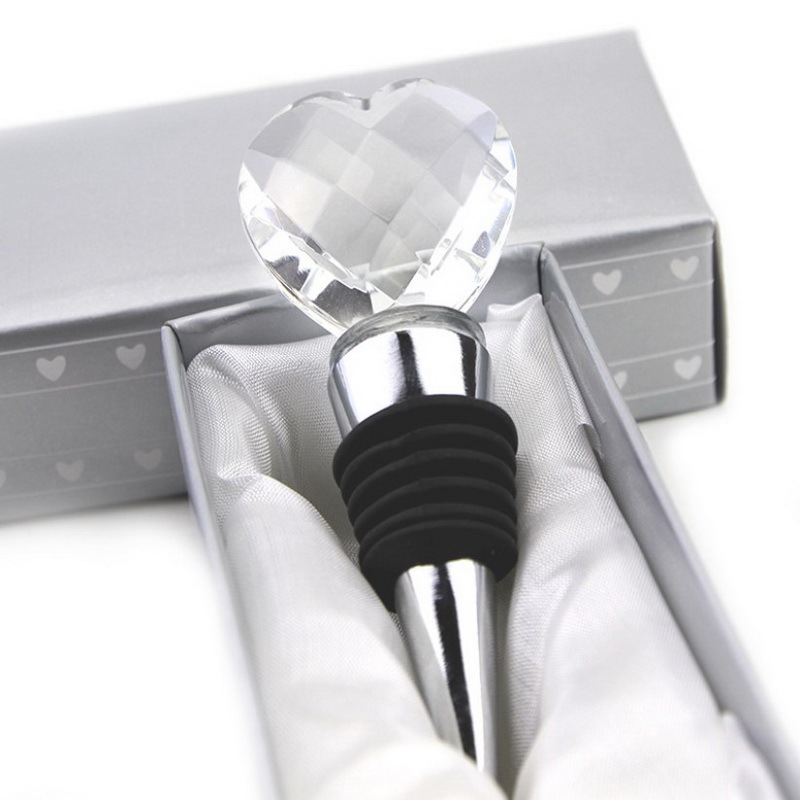 Entrega de una pieza en forma de corazón de cristal tapón de vino caja de regalo de plata regalo de retorno de boda Aleación de cristal tapón de vino