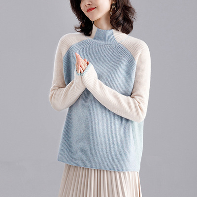 2019年新款女裝冬季寬松顯瘦仙女學生綿羊毛100%兩色拼接半高領潮