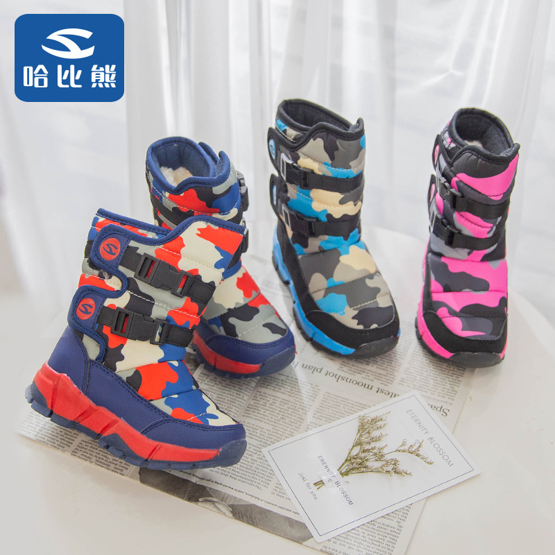创意款冬季儿童雪地靴女童加绒防水男童鞋保暖迷彩棉鞋中大童短靴