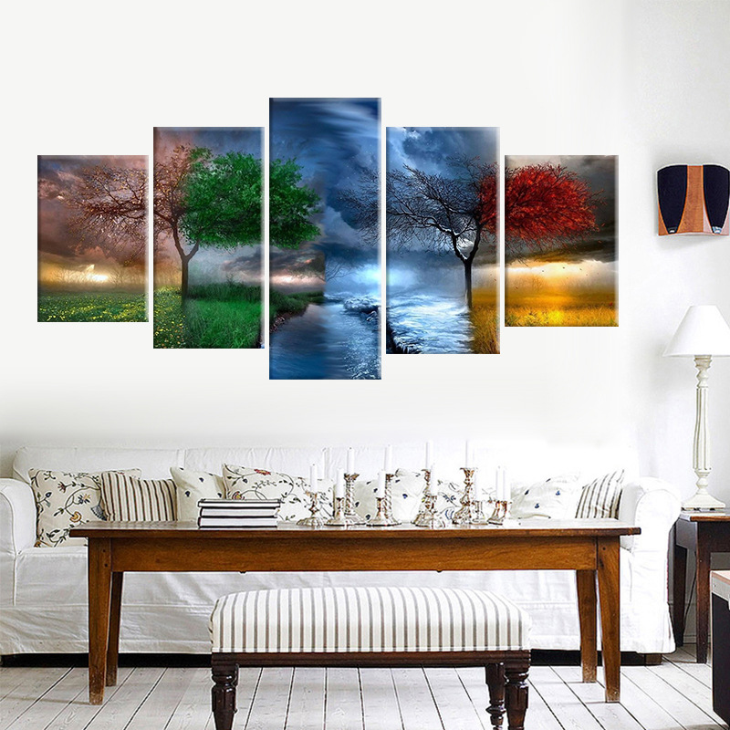 四色大树五联画芯 家居装饰客厅挂画无框画芯厂家直供