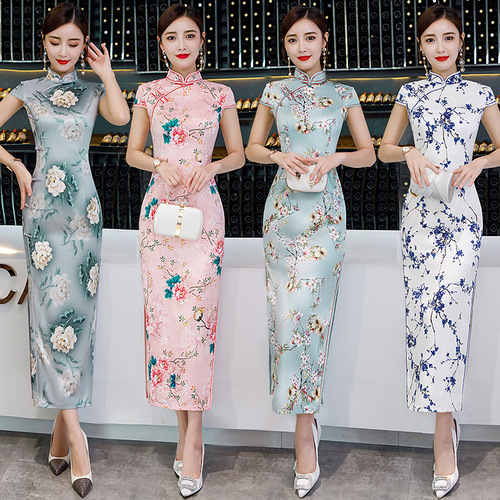 Women Chinese dresses qipao Long silk cheongsam plus size show catwalk mother dress slim daily cheongsam