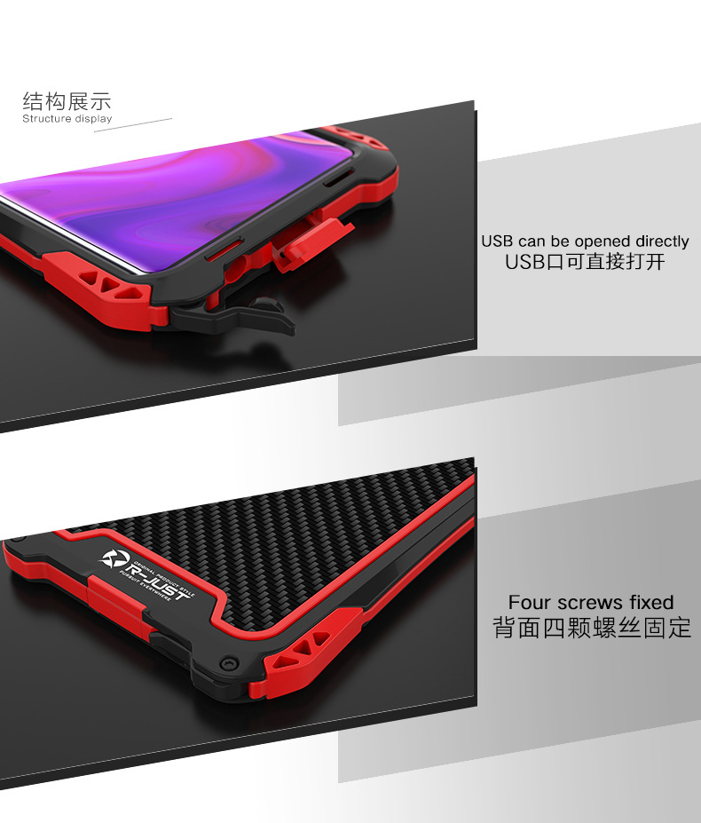 R-Just Amira Heavy Duty Dirtproof Shockproof Rainproof Aluminum Metal Bumper Carbon Fiber Back Cover Case for Samsung Galaxy S10 Plus & S10