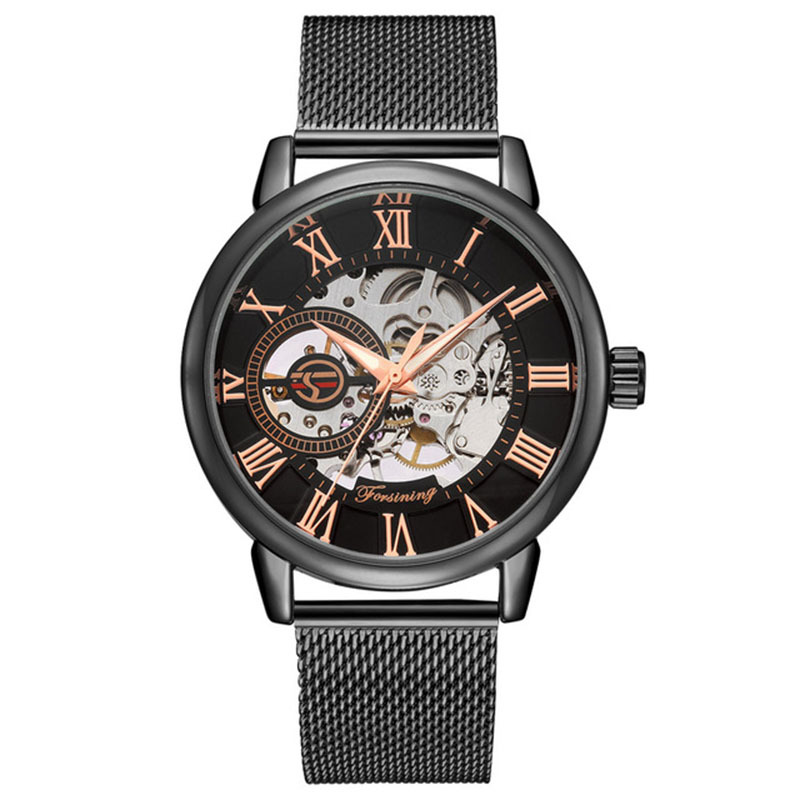 Forsining Fusini reloj mecánico manual para hombre Golden Hollow-out transparente inferior Milan metal malla Correa reloj 099