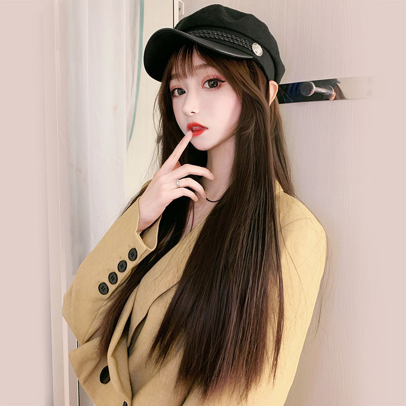 Peluca de las mujeres de pelo largo sombrero peluca integrado Moda Red sombrero de pelo de la marina sombrero de otoño e invierno de pelo largo y recto se puede dividir