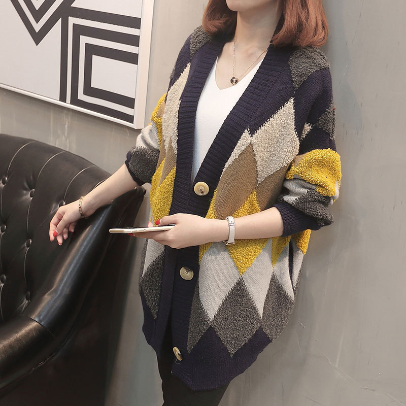Cárdigan de punto con cuello en V y bloques de color, estilo coreano, holgado y adelgazante, con estampado de rombos, novedad primavera-otoño 2026 image 5