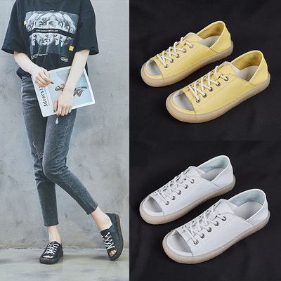 真皮小白鞋女2019森女夏季丑萌鞋女平底露趾软底孕妇两穿休闲单鞋|ru