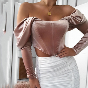 Fall and winter new velvet off shoulder one neck pleated long sleeve top